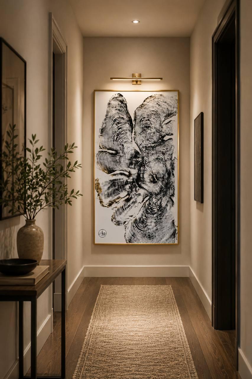 Golden Cedar Drift luxury cedar wall art displayed in a hallway