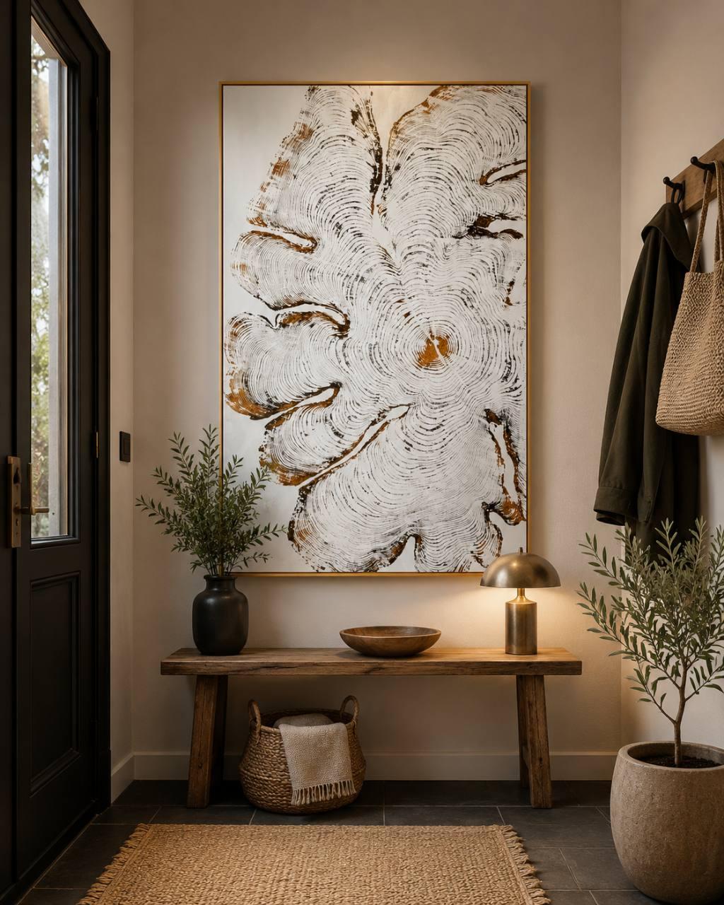 Ladysmith Cedar Bloom large cedar wall art displayed in an entryway