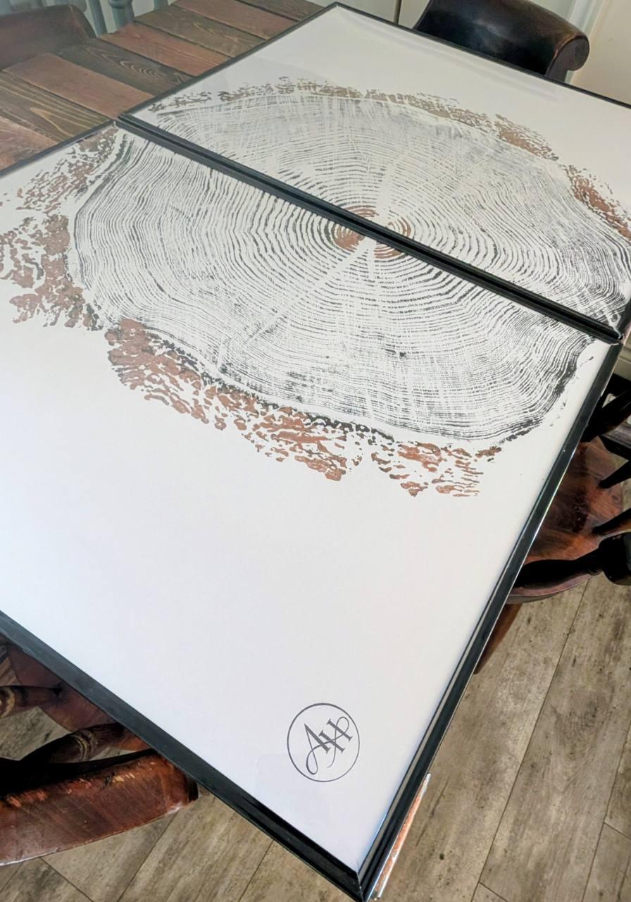 Close-up table view of Copper Fir Echo Diptych handmade tree ring wall art