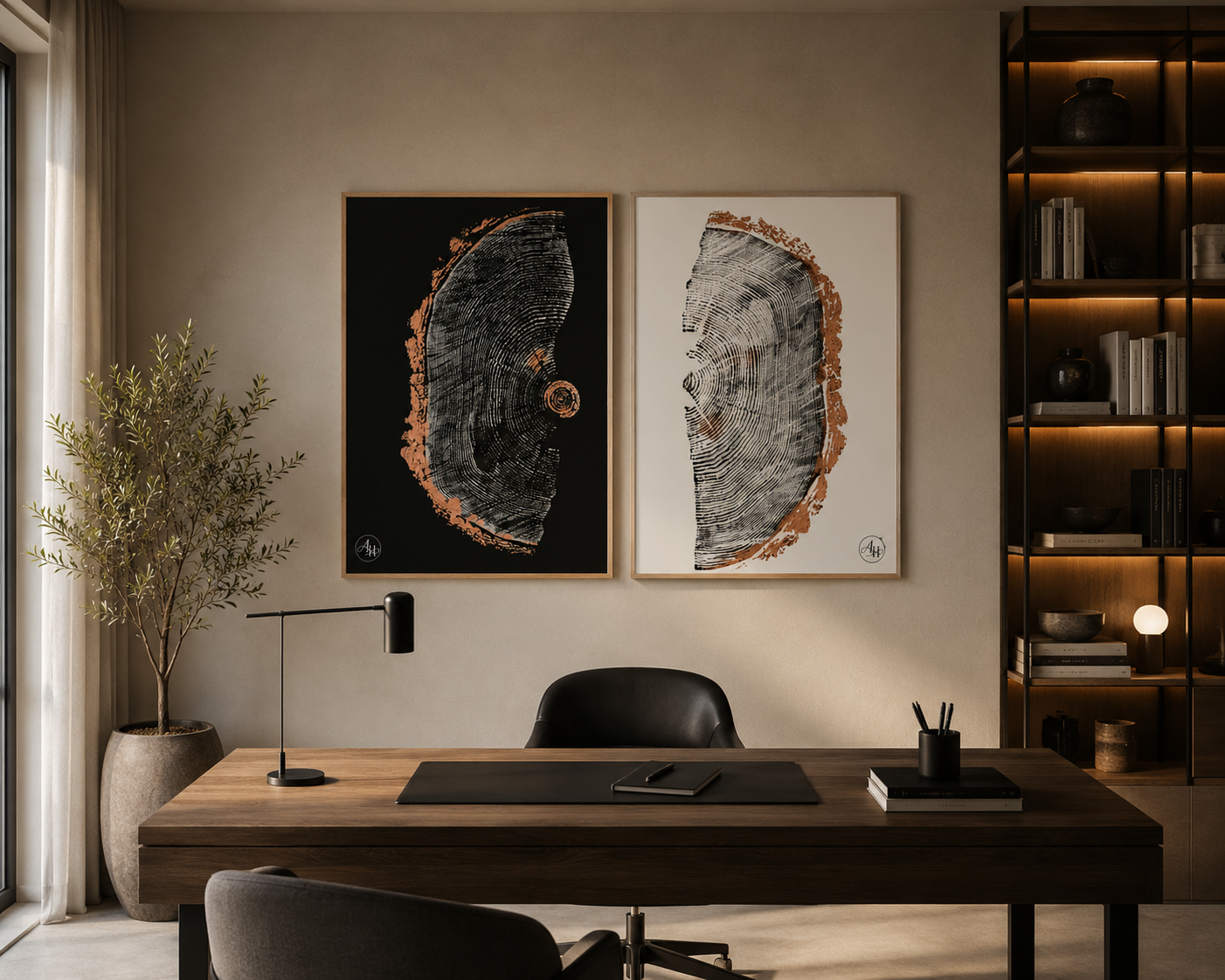 Yin Yang Fir Diptych Douglas fir wall art displayed above a modern desk