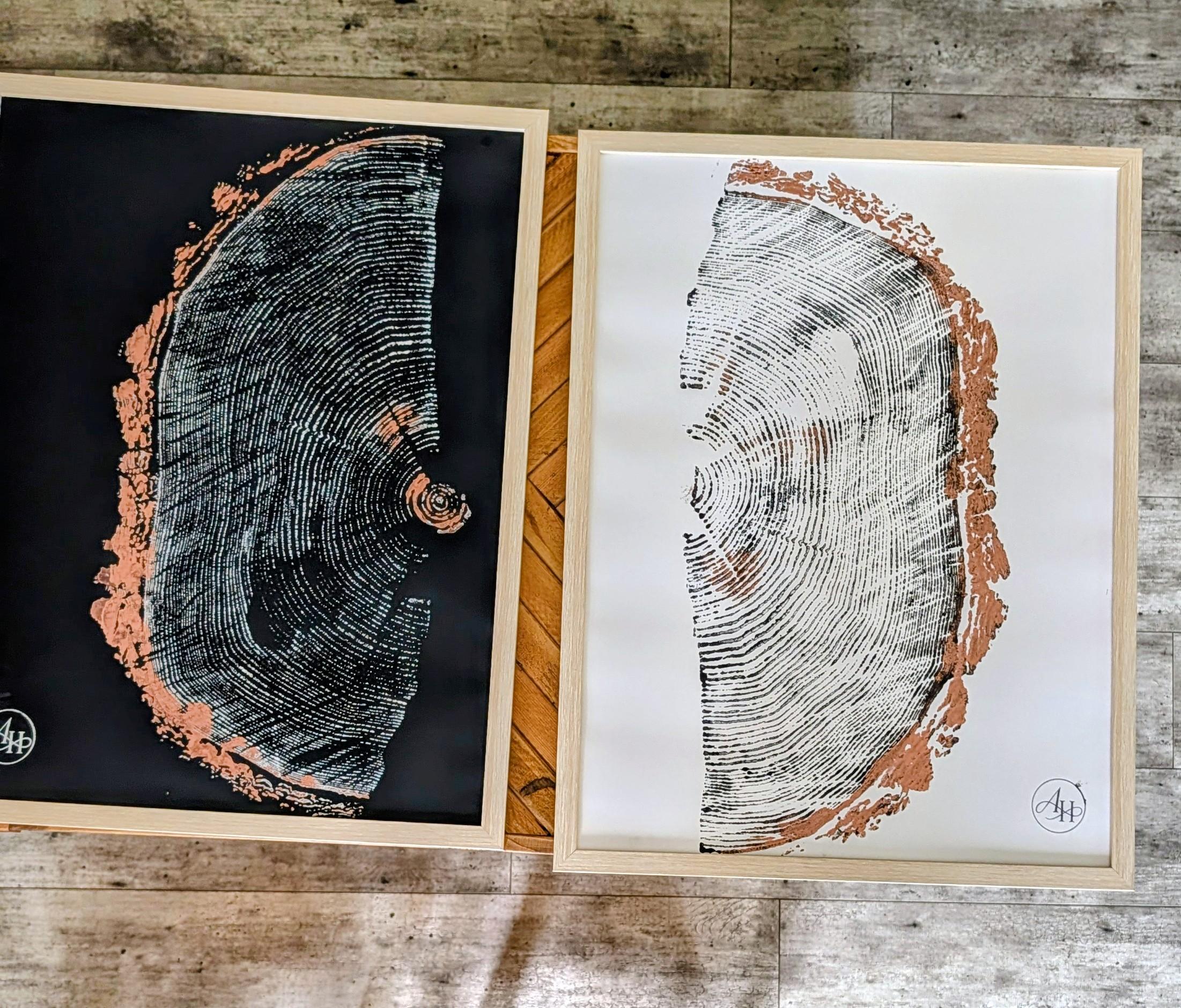 Original Yin Yang Fir Diptych panels with copper and black wood grain details