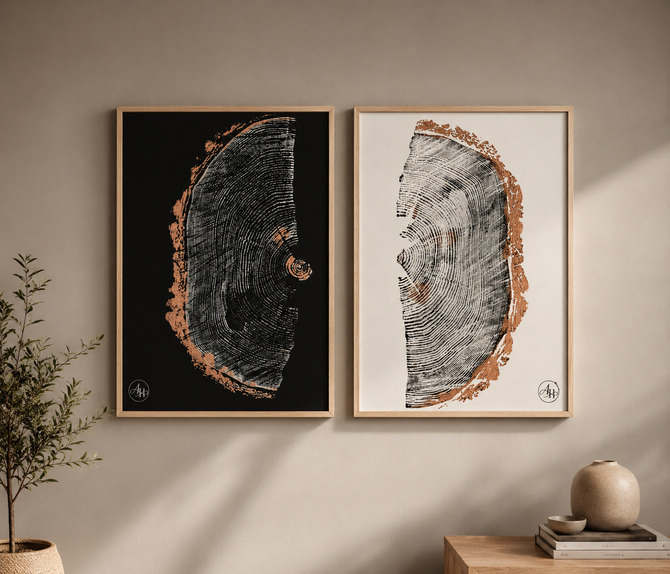 Yin Yang Fir Diptych light and dark tree ring panels on a neutral wall