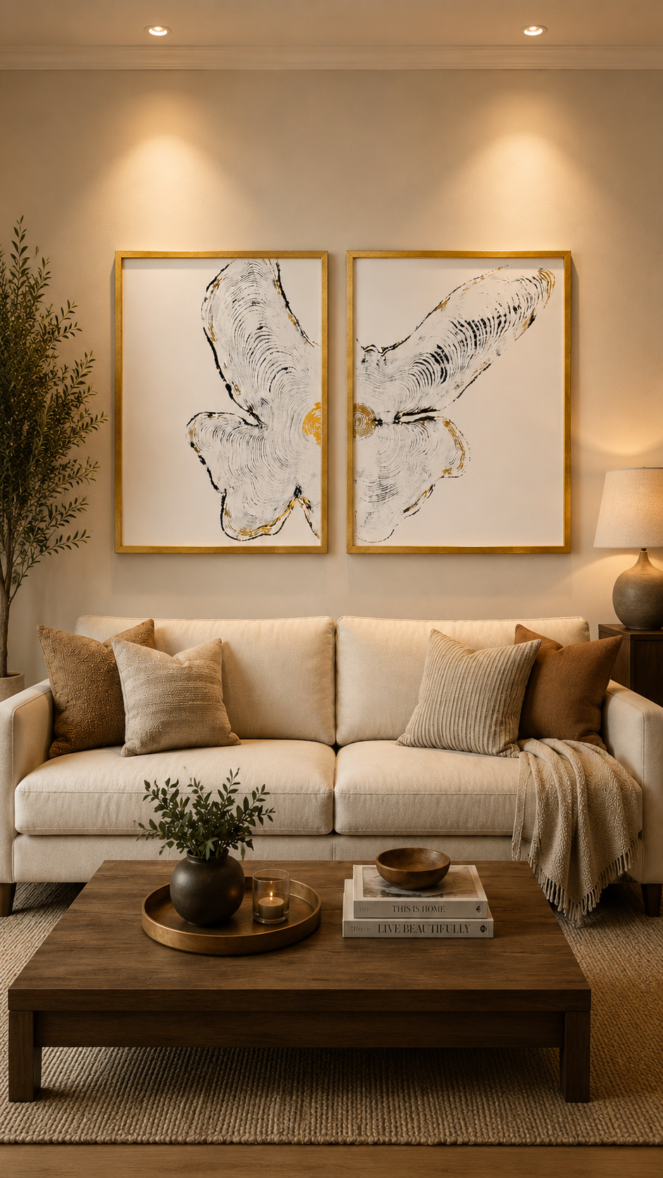 Butterfly Cedar Diptych tree ring wall art displayed in a warm living room