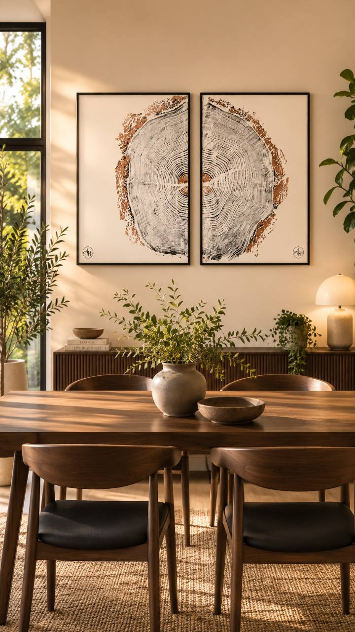 Copper Fir Echo Diptych Douglas fir wall art displayed in a warm dining room