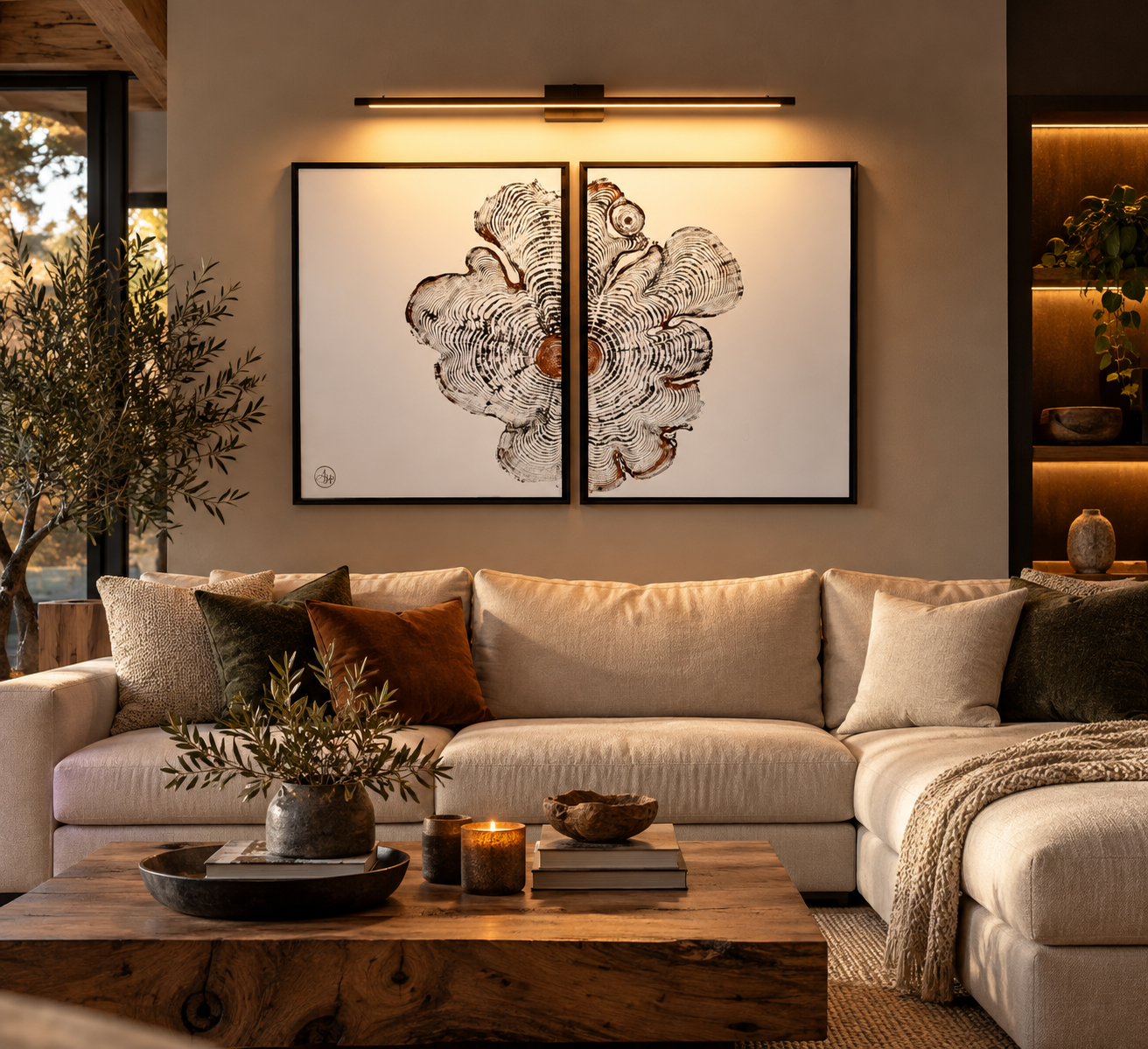 Cedar Flower Diptych displayed in two black frames above a sofa
