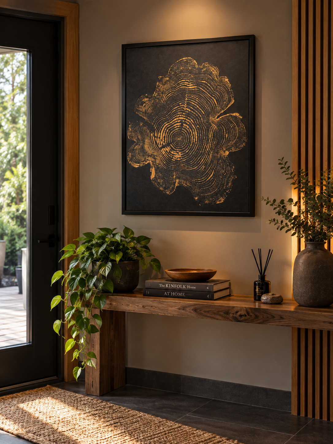 Cowichan Cedar Glow in a black frame above a wooden console, with golden cedar rings on black paper