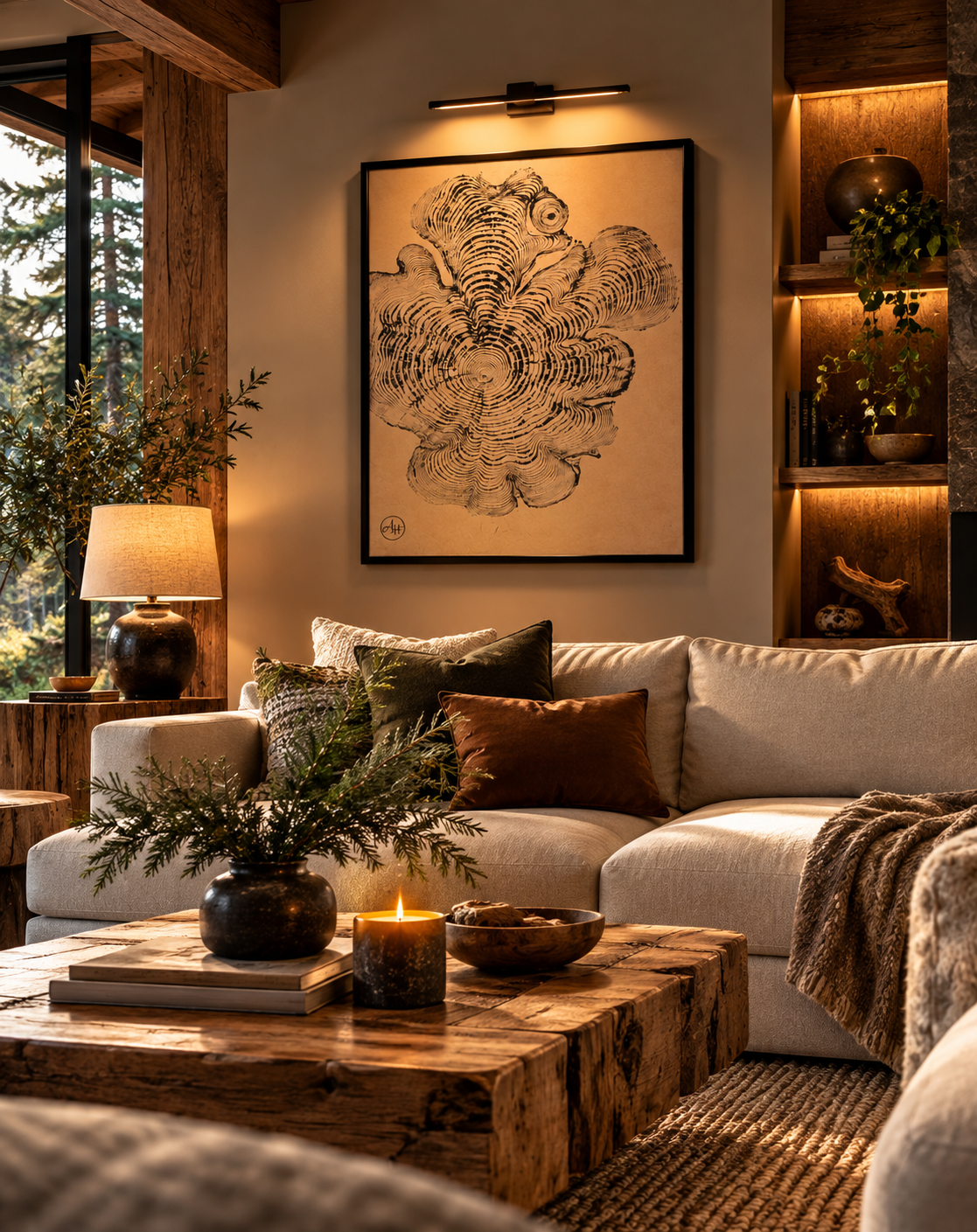 Cowichan Cedar Blossom in a black frame above a sofa, dark cedar rings on brown kraft paper