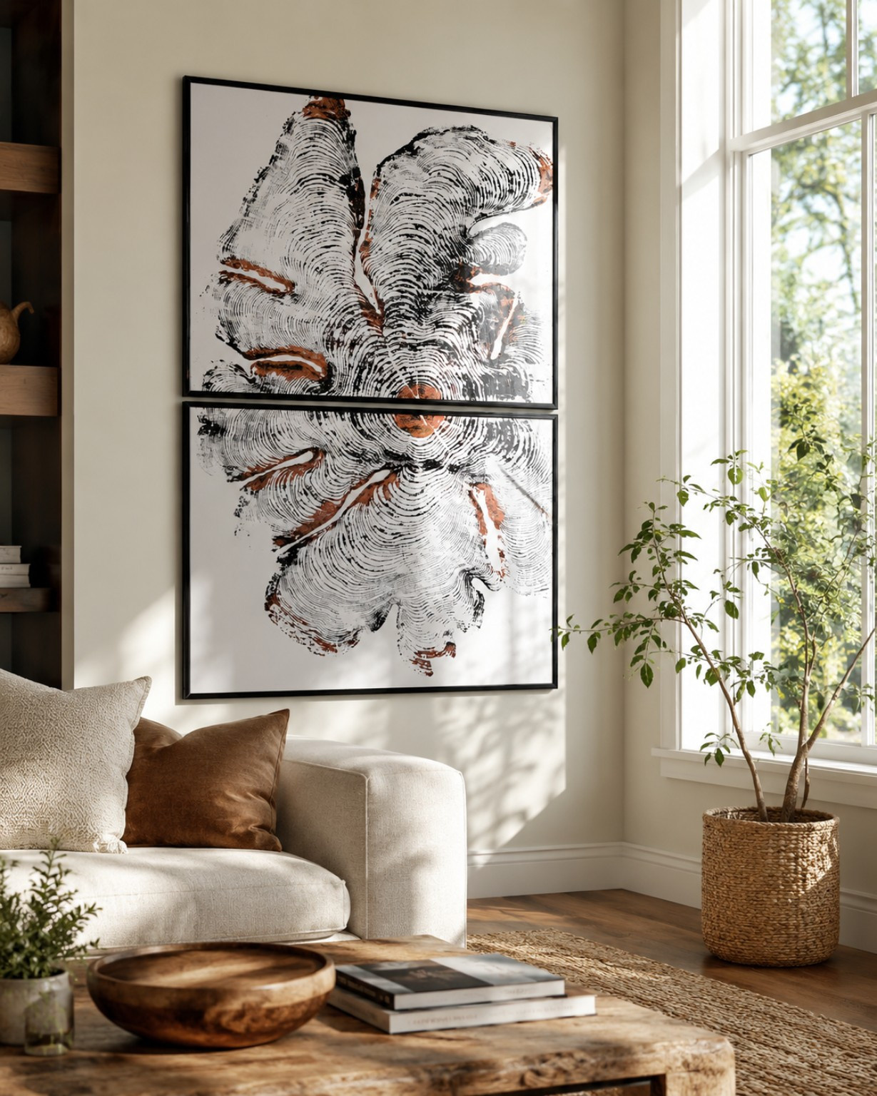 Island Current Diptych old growth cedar wall art displayed in a bright living room