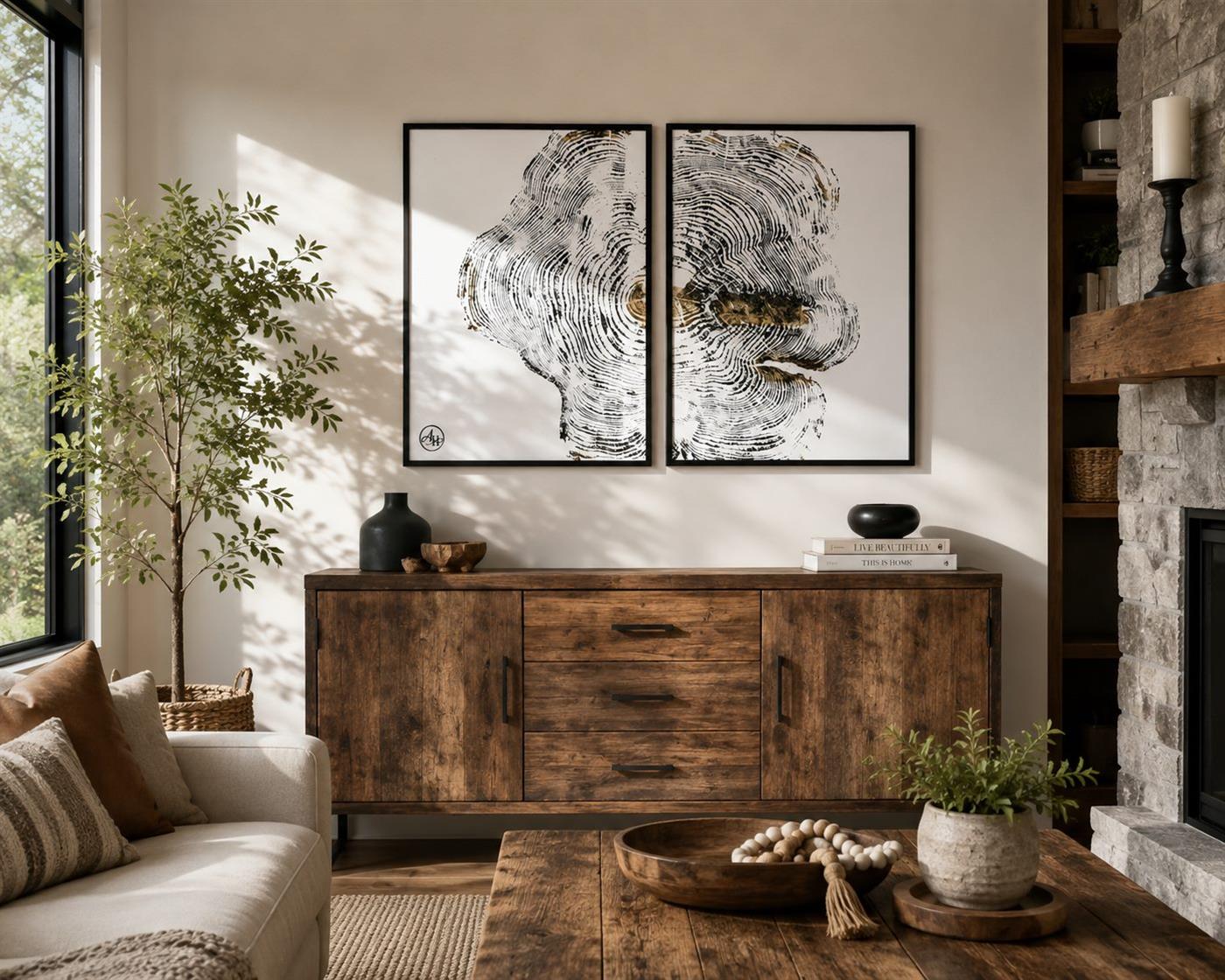 Framed Footprint of Nature diptych in a warm living room